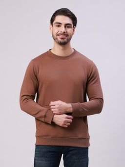 Classic Polo - Brown Crew Neck Pull Over Printed Kangaroo Pocket Sweatshirt