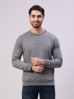 Classic Polo - Dark Grey Crew Neck Pull Over Solid Kangaroo Pocket Sweatshirt