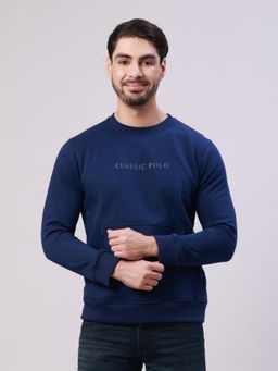 Classic Polo - Navy Blue Crew Neck Pull Over Solid Kangaroo Pocket Sweatshirt