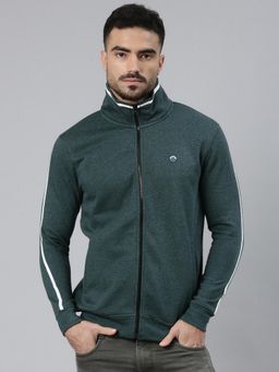 Classic Polo - Dark Green High Neck Zipper Solid Slit Pocket Sweatshirt