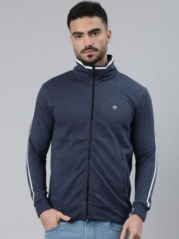 Classic Polo - Blue Melange High Neck Zipper Striped Slit Pocket Sweatshirt