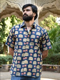 GOODHAND - Navy Blue Pure Cotton Printed Shirt