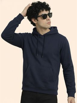 Glito - Navy Blue Fleece Solid Pullover Hoodie