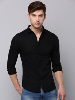 SHOWOFFFF - Mens Spread Collar Black Self Design Shirt