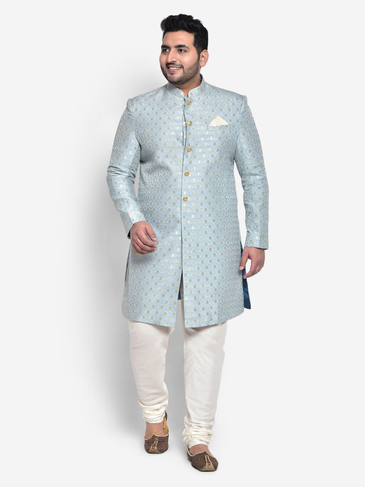 KISAH PLUS Silk Blend Blue Sherwani (Set of 2)