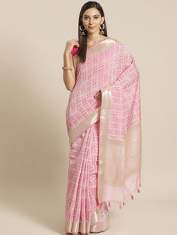 Indethnic - Banarasi Pink Woven Design Festive Wear Saree With Unstitched Blouse