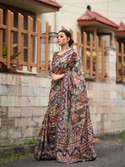 Odette - Linen Brown Traditional Kalamkari Printed Saree with Unstitched Blouse