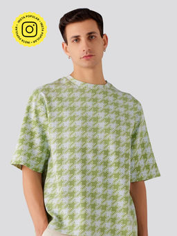 Muvazo - Houndstooth Printed Oversized Unisex T-Shirt - Green