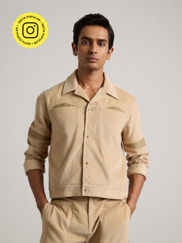 Muvazo - Men Beige Solid Full Sleeves Jacket