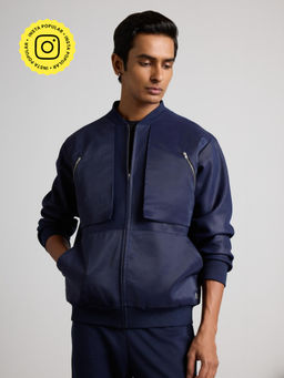 Muvazo - Men Navy Blue Solid Full Sleeves Jacket
