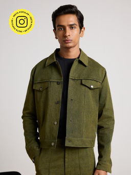 Muvazo - Men Olive Solid Full Sleeves Jacket