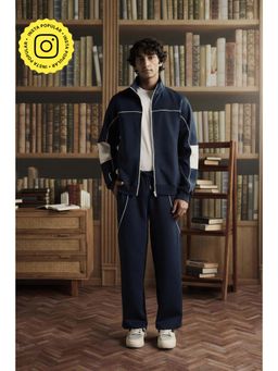 Muvazo - Navy Blue Men Scuba Mandarin Neck Jacket
