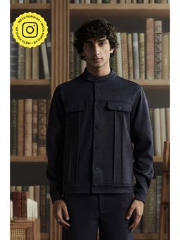 Muvazo - Blue Men Suede Mandarin Neck Jacket