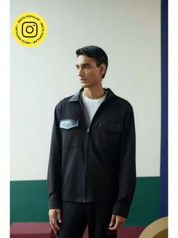 Muvazo - Black Men Faux Leather Collar Neck Jacket