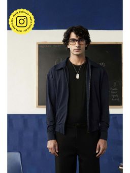 Muvazo - Blue Men Corduroy Collar Neck Jacket