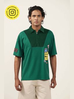 Muvazo - Men Green Cotton Graphic Collar Neck Polo T-Shirt