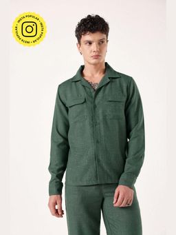 Muvazo - Green Cotton Solid/Plain Notch Lapel Neck Shirt