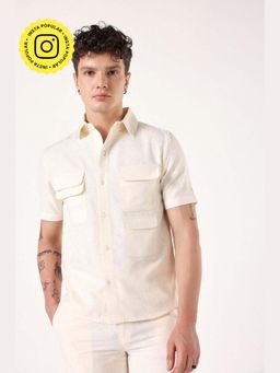 Muvazo - Beige Linen Solid/Plain Collar Neck Shirt