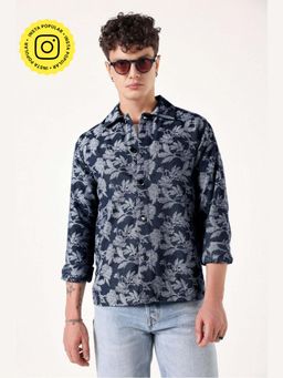 Muvazo - Blue Denim Floral Collar Neck Shirt