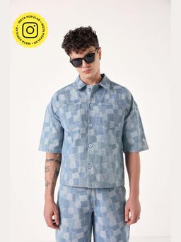 Muvazo - Grey Denim Printed Collar Neck Shirt