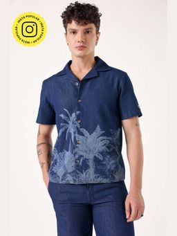 Muvazo - Navy Blue Denim Printed Notch Lapel Neck Shirt