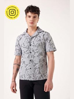 Muvazo - Black Cotton Blend Checks Notch Lapel Neck Shirt
