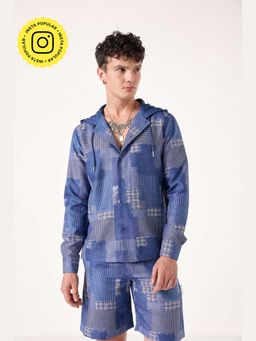 Muvazo - Blue Linen Self Design Hooded Shirt