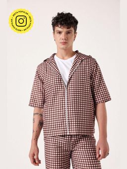 Muvazo - Brown Linen Checks Hooded Shirt