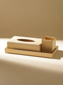 Pure Home + Living - Set of 3 Gold Faux Leather Bathroom Accessories