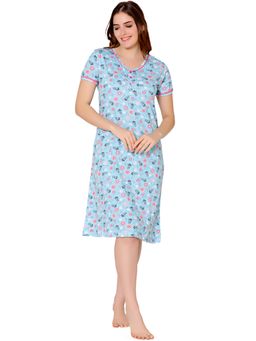 Bodycare - Womens Combed Cotton Round Neck Printed Short Night Dress -BSN9001 Blue