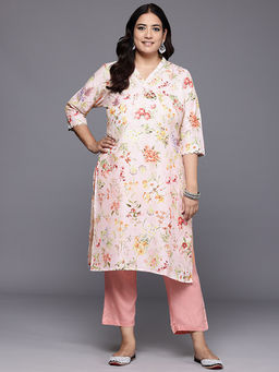A plus by Ahalyaa - Floral Printed Lace Work Pink Kurta