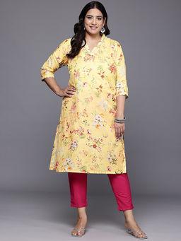 A plus by Ahalyaa - Floral Printed Lace Work Yellow Kurta