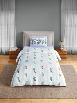 SPACES - Blue Fiora Cotton 144 TC Percale Bedsheet with 1 Pillow Cover (Single)