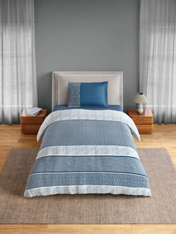 SPACES - Blue Fiora Cotton 144 TC Percale Geometric Bedsheet with 1 Pillow Cover (Single)