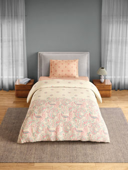 SPACES - Orange Fiora Cotton 144 TC Percale Ornate Bedsheet with 1 Pillow Cover (Single)
