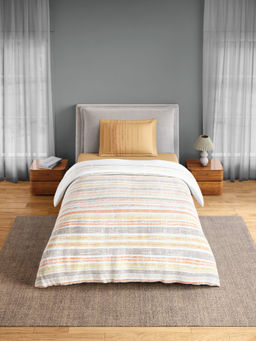 SPACES - Beige Fiora Cotton 144 TC Percale Geometric Bedsheet with 1 Pillow Cover (Single)