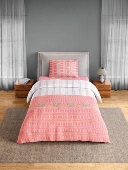 SPACES - Pink Fiora Cotton 144 TC Percale Ornate Bedsheet with 1 Pillow Cover (Single)