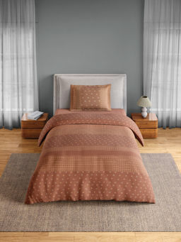 SPACES - Brown Fiora Cotton 144 TC Percale Ornate Bedsheet with 1 Pillow Cover (Single)