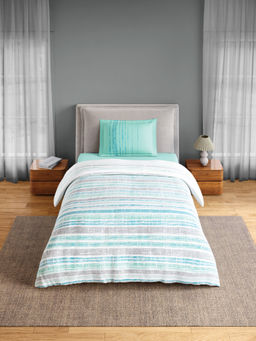 SPACES - Blue Fiora Cotton 144 TC Percale Geometric Bedsheet with 1 Pillow Cover (Single)