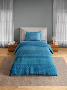 SPACES - Blue Fiora Cotton 144 TC Percale Ornate Bedsheet with 1 Pillow Cover (Single)