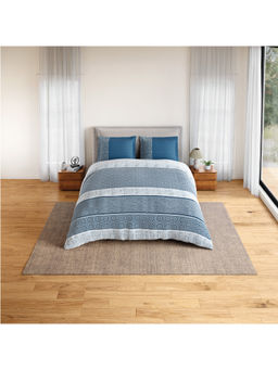 SPACES - Blue Fiora Cotton 144 TC Percale Geometric Fitted Bedsheet with 2 Pillow Covers