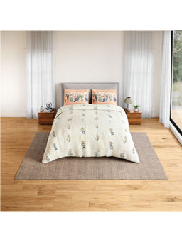 SPACES - Beige Fiora Cotton 144 TC Percale Fitted Bedsheet with 2 Pillow Covers