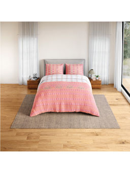 SPACES - Pink Fiora Cotton 144 TC Percale Geometric Fitted Bedsheet with 2 Pillow Covers