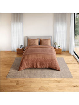 SPACES - Brown Fiora Cotton 144 TC Percale Geometric Fitted Bedsheet with 2 Pillow Covers