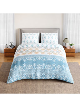 SPACES - Blue Summer Carvan Cotton 132 TC Bedsheet with 2 Pillow Covers (Double)