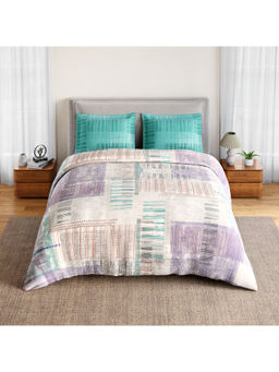SPACES - Purple Geofoam Cotton 132 TC Percale Geometric Bedsheet with 2 Pillow Covers (Double)