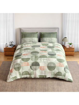 SPACES - Green Geofoam Cotton 132 TC Percale Geometric Bedsheet with 2 Pillow Covers (Double)
