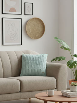 PLUCHI - Holly Dull Blue Cotton Knitted Cushion Cover (16 x 16 Inches)