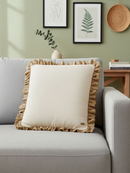 PLUCHI - Ruffle Natural & Beige Cotton Knitted Cushion Cover (16 x 16 Inches)