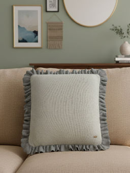 PLUCHI - Ruffle Mint Cream & Duck Grey Cotton Knitted Cushion Cover (16 x 16 Inches)